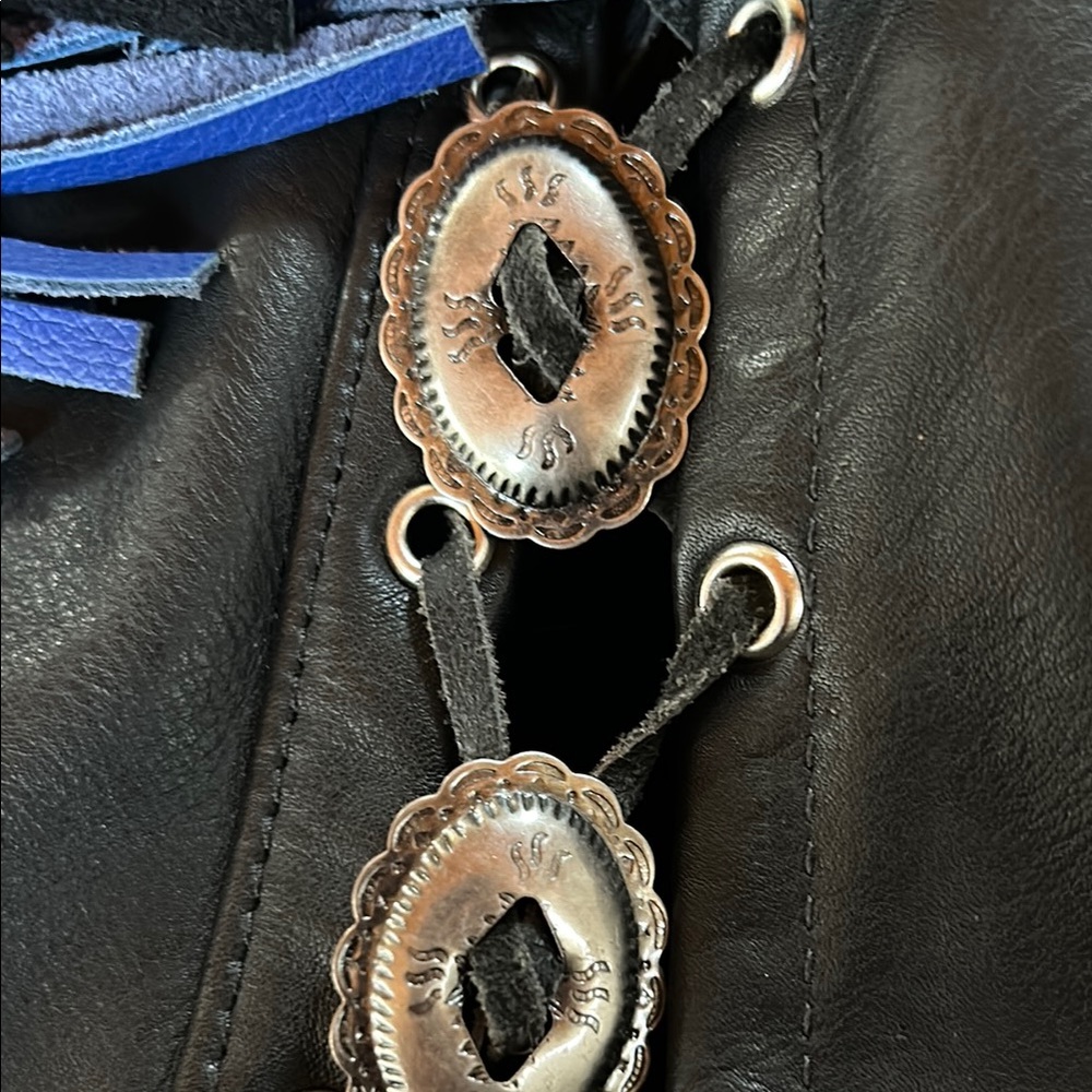 Black Leather Vest with Blue Fringe - Picture 6 of 7